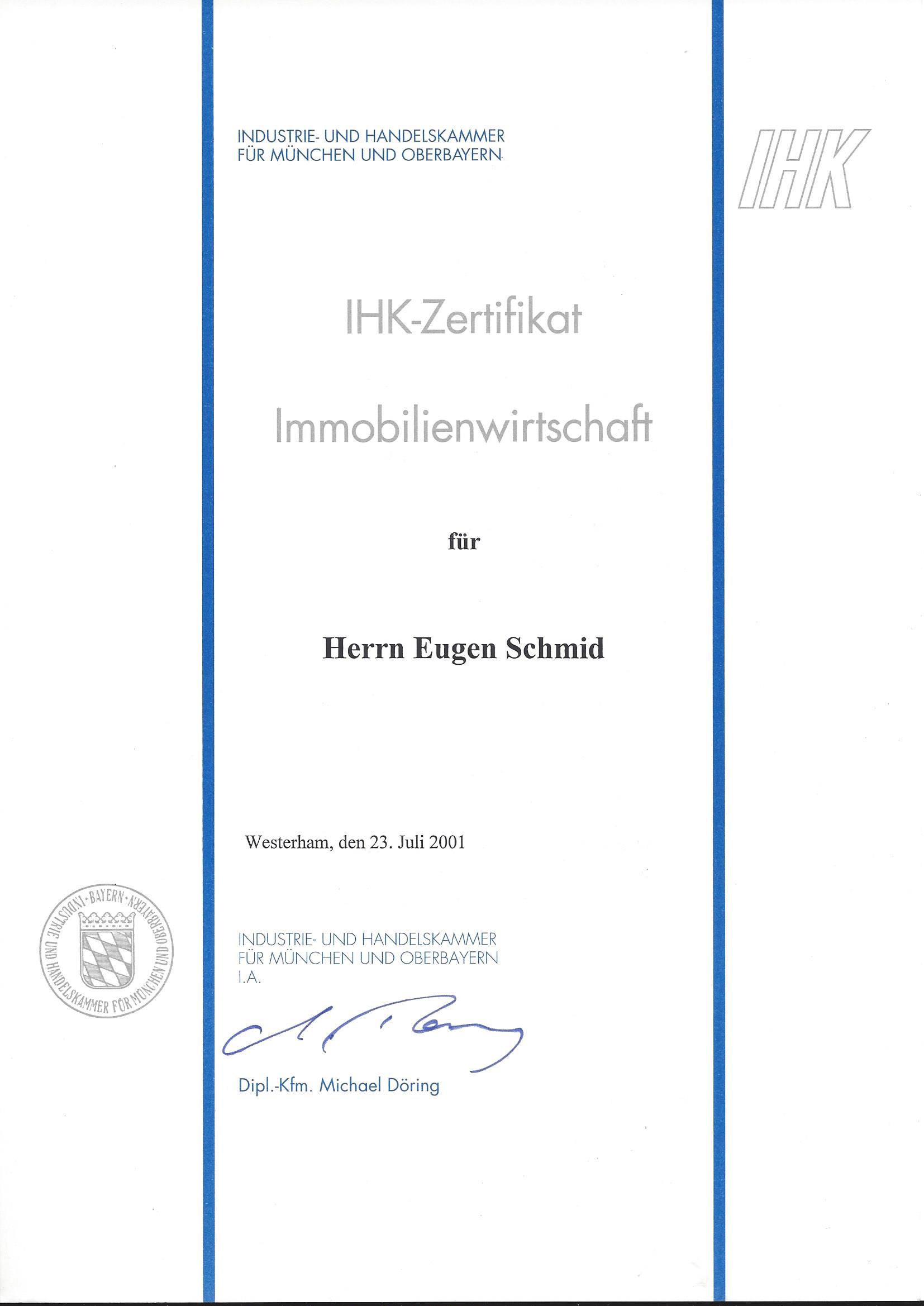 IHK-Zertifikat Immobilienwirtschaft Eugen Schmid